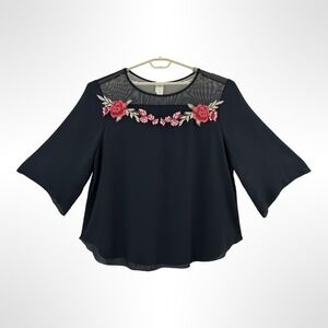 Bonded Tunic Top Womens 3XL‎ Black Mesh Floral Embroidered Bell Sleeve Plus USA